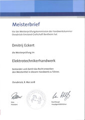 Meisterbrief Elektroinstallateurhandwerk, Dimitrij Eckert